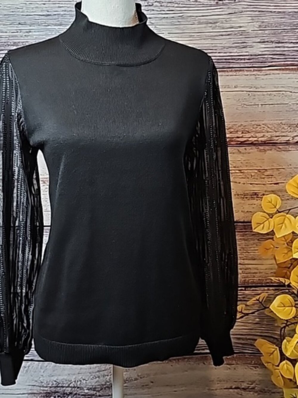 89TH + MADISON BLACK SHEER LONG SLEEVE MOCK TURTLENECK PULLOVER SWEATER